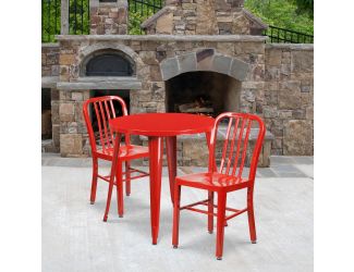 30" Round Red Metal Indoor-Outdoor Table Set with 2 Vertical Slat Back Chairs