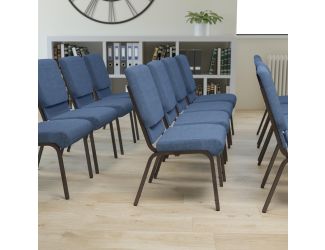 18.5"W Stacking Church Chair in Blue Fabric - Gold Vein Frame