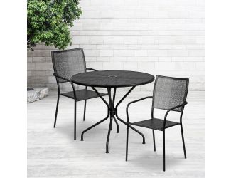 35.25" Round Gold Indoor-Outdoor Steel Patio Table Set w/ 2 Square Back Chairs