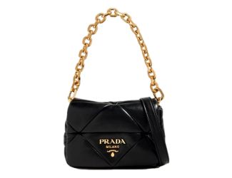 Prada Gold Logo Black Quilted Nappa Patch Leather Small Shoulder Bag