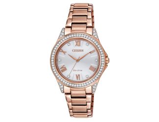 Ladies' Drive Watch, Pink Gold-tone, Silver Dial with brilliant Crystals