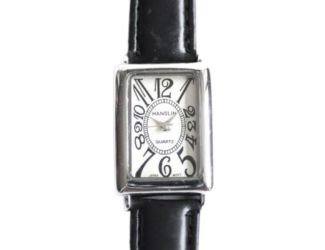 Men's Black Leather Tank Style Watch