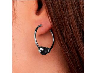 Perola single Onyx Small Two-tone hoop - 7/8" Rhodium