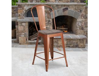 24" High Copper Metal Counter Height Stool with Back and Wood Seat