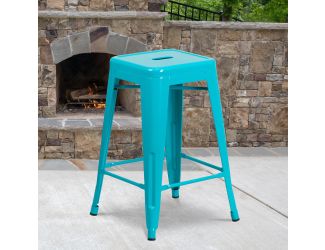 24" High Backless Crystal Teal-Blue Indoor-Outdoor Counter Height Stool