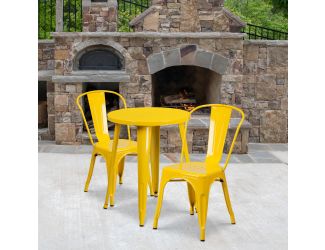 24" Round Yellow Metal Indoor-Outdoor Table Set with 2 Cafe Chairs - Patio Set