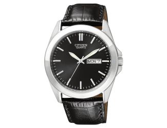 Men's Quartz Watch, Black Leather Strap with Black Dial