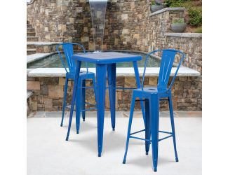 23.75" Square Blue Metal Indoor-Outdoor Bar Table Set with 2 Stools with Backs