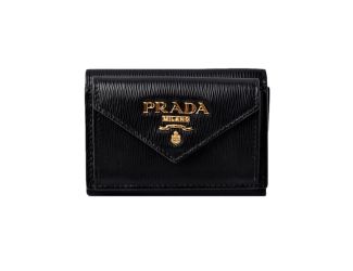 Prada Womens Vitello Move Black Leather Compact Envelope Trifold Wallet
