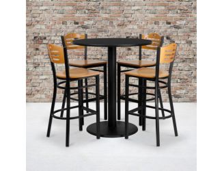 36" Round Black Laminate Table Set with 4 Metal Barstools - Natural Wood Seat