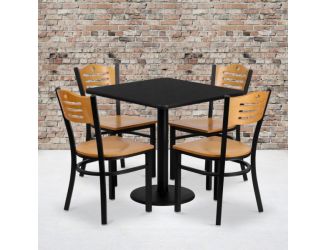 30" Square Black Laminate Table Set with 4 Metal Chairs - Natural Wood Seat