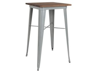 23.5" Square Silver Metal Indoor Bar Height Table with Walnut Rustic Wood Top