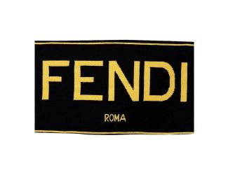 Fendi Roma Knitted Wool Cashmere Black Yellow Logo Scarf