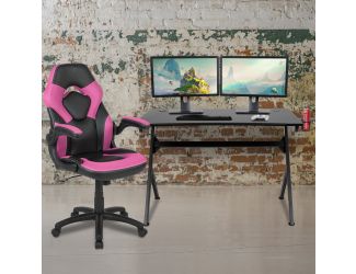 Black/Pink Gaming Desk Bundle - Cup/Headphone Holder, Wire Management