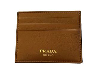 Prada Caramel Soft Grain Leather Gold Embossed Logo Card Holder Wallet