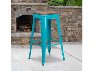 30" High Backless Crystal Teal-Blue Barstool with Square Wood Seat - Patio Chair