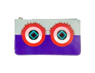 Fendi Monster Zip Pouch Clutch Cosmetic Bag Travel Purple Blue Leather