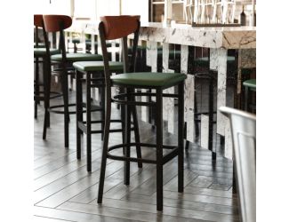Commercial Metal Barstool with Vinyl Seat and Wood Boomerang Back-Green/Walnut