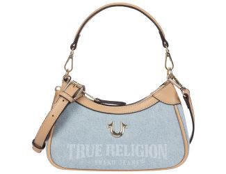 Elevate your everyday style with the True Religion Blair Denim & PU Shoulder Bag, a sleek mini shoulder bag. Crafted from light-wash denim with smooth PU trim, this stylish bag features the iconic True Religion horseshoe logo and bold True Religion Brand 