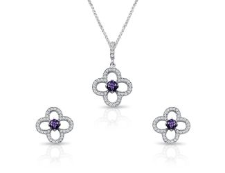 PARIKHS Rhodium Plated Open Flower Purple Small Round CZ Necklace-Earring Set in 925 Sterling Silver