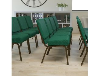 21"W Stacking Church Chair in Hunter Green Dot Patterned Fabric-Gold Vein Frame
