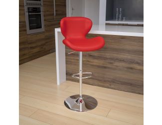 Contemporary Red Vinyl Adjustable Barstool with Curved Back & Chrome Base