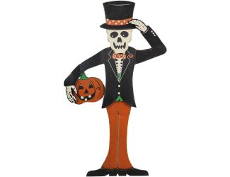 46-In. Skeleton Holding a Carved Pumpkin Wood Yard Stake for Halloween Decoration
