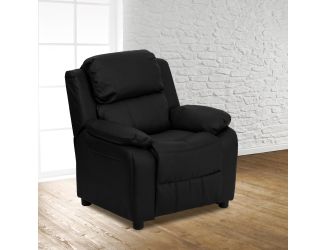 Deluxe Padded Contemporary Black LeatherSoft Kids Recliner with Storage Arms