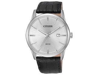 Men's Quartz Watch, Stainless Steel Case, Black Leather Strap