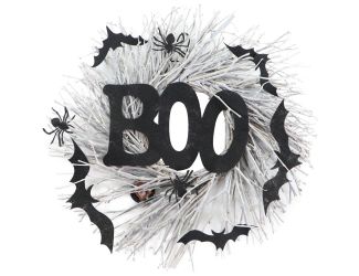 15-In. White Twig Battery-Operated Wreath with LED Lights, Boo Sign, Bats, and Spiders for Halloween