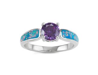 Sterling Silver, Blue Green Fire Inlay Opal and Amethyst Cubic Zirconia Ring, Size 9
