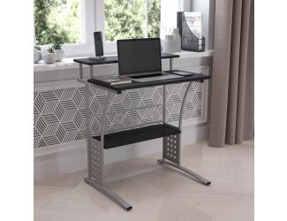 Black Computer Desk with Perforated Side Paneling and Raised Monitor Shelf