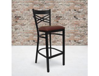 Black "X" Back Metal Restaurant Barstool - Burgundy Vinyl Seat