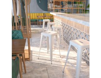 Commercial Grade 30"H Backless White Metal Indoor-Outdoor Barstool, Square