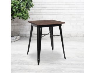 23.5" Square Black Metal Indoor Table with Walnut Rustic Wood Top