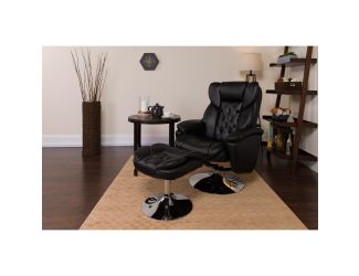 Black LeatherSoft Transitional Multi-Position Recliner &Ottoman w/Chrome Base