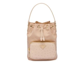 Prada Duet Tessuto Nylon Ostrich Leather Cammeo Beige Bucket Bag