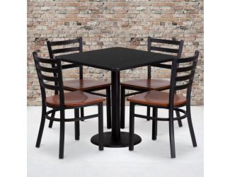 30" Square Black Laminate Table Set with 4 Metal Chairs - Cherry Wood Seat