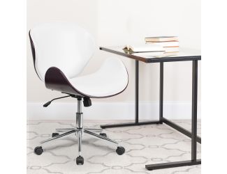 Mid-Back Mahogany Wood Conference Office Chair in White LeatherSoft