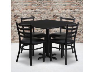 36" Square Black Laminate Table with X-Base & 4 Metal Chairs - Black Vinyl Seat