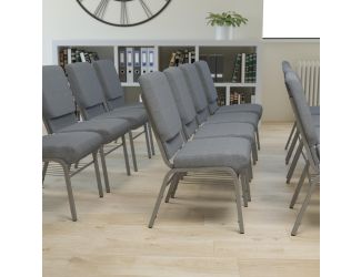 21"W Church Chair in Gray Fabric with Book Rack - Silver Vein Frame
