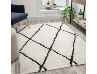 5' x 7' Ivory and Black Diamond Trellis Modern Shag Area Rug
