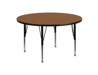 48" Round Oak Thermal Laminate Activity Table - Height Adjustable Short Legs