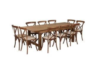 8' x 40" Rustic Folding Farm Table Set with 10 Cross Back Chairs and Cushions
