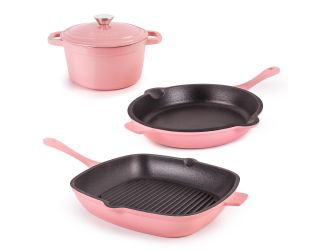 Neo 4pc Cast Iron Cookware Set, Fry Pan, Grill Pan & Round Dutch Oven, Pink