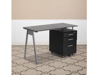 Black Computer Desk with Tempered Black Glass Top and Three Drawer Pedestal