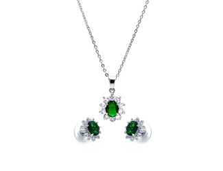 PARIKHS Rhodium Plated Green and Clear Cluster Flower CZ Dangling Set in 925 Sterling Silver