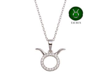 PARIKHS Rhodium Plated Taurus CZ Zodiac Sign Necklace in 925 Sterling Silver