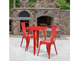 24" Round Red Metal Indoor-Outdoor Table Set with 2 Cafe Chairs - Patio Set