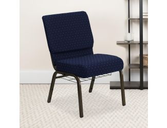 21"W Church Chair in Navy Blue Dot Patterned Fabric with Book Rack-Gold Frame